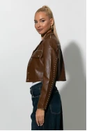 Cropped leather jacket με τρουκς καφέ