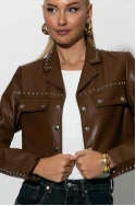 Cropped leather jacket με τρουκς καφέ