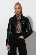 Cropped leather jacket με τρουκς μαύρο