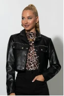 Cropped leather jacket με τρουκς μαύρο