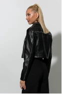 Cropped leather jacket με τρουκς μαύρο