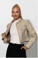 Cropped leather jacket με τρουκς μπεζ