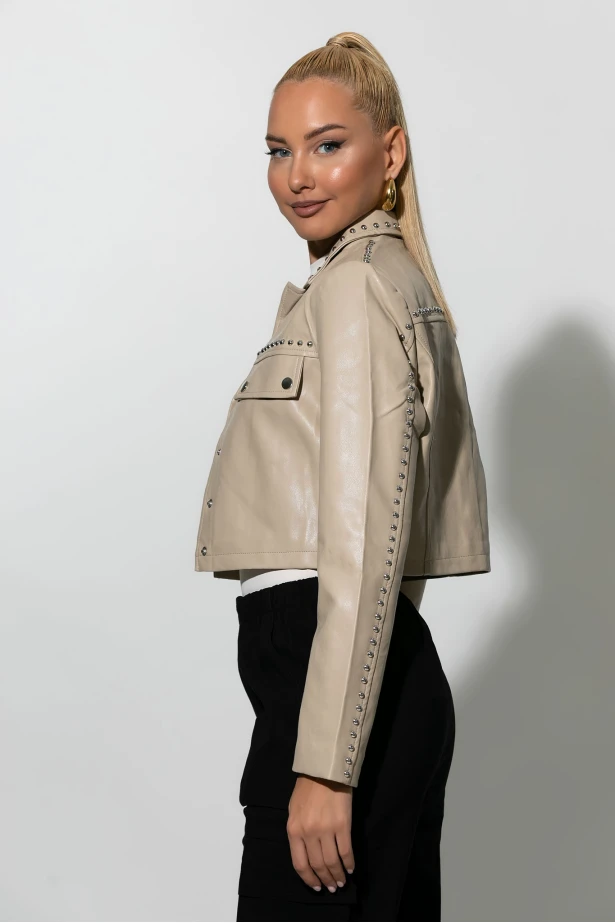 Cropped leather jacket με τρουκς μπεζ