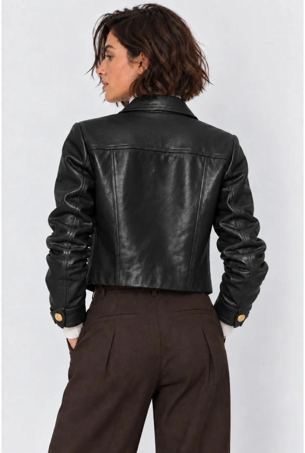 Cropped leather jacket με χρυσά κουμπιά μαύρο