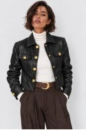 Cropped leather jacket με χρυσά κουμπιά μαύρο
