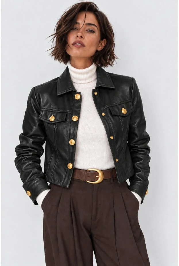 Cropped leather jacket με χρυσά κουμπιά μαύρο