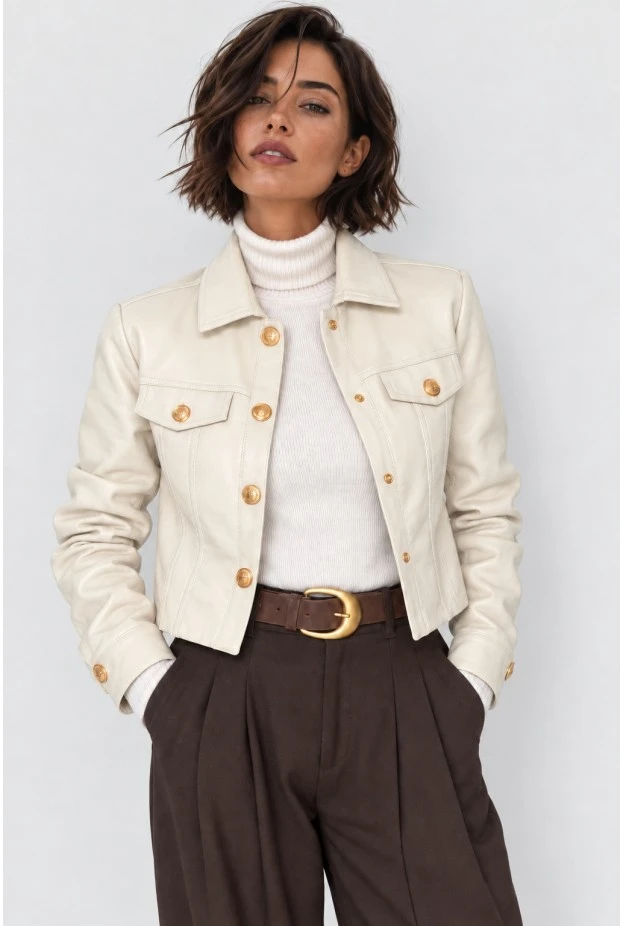 Cropped leather jacket με χρυσά κουμπιά μπεζ