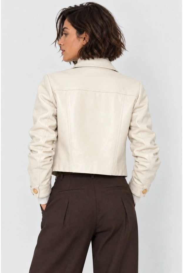 Cropped leather jacket με χρυσά κουμπιά μπεζ