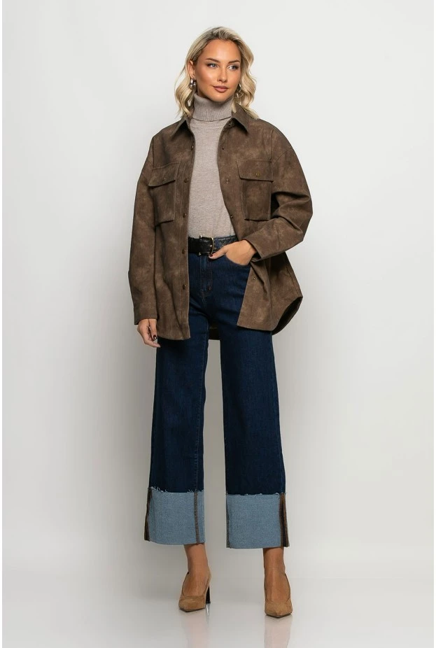 Oversized jacket δερματίνη με κουμπιά καφέ