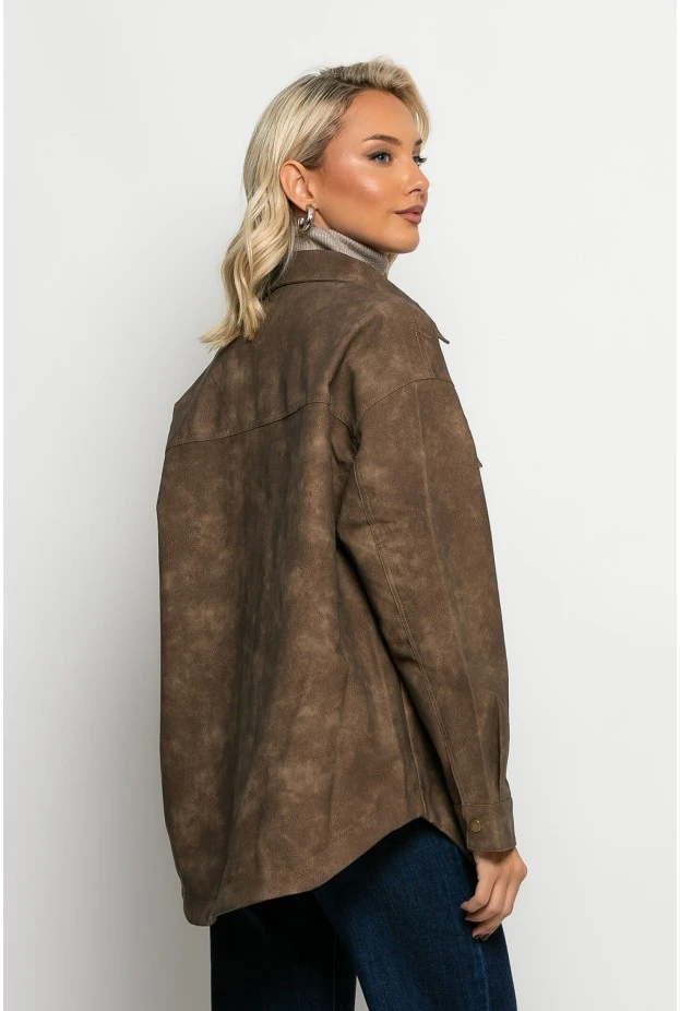 Oversized jacket δερματίνη με κουμπιά καφέ