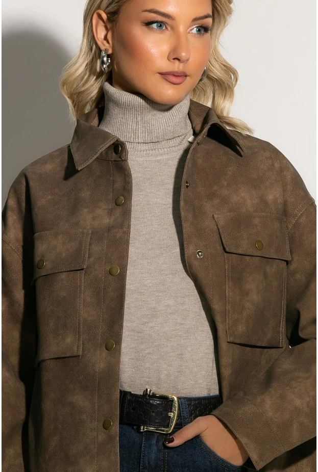 Oversized jacket δερματίνη με κουμπιά καφέ