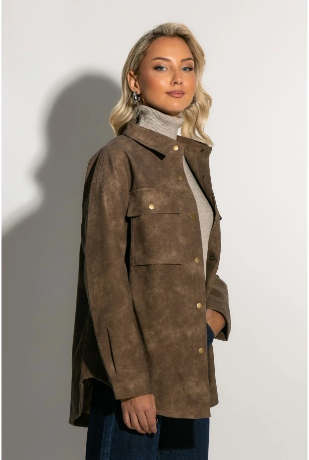 Oversized jacket δερματίνη με κουμπιά καφέ