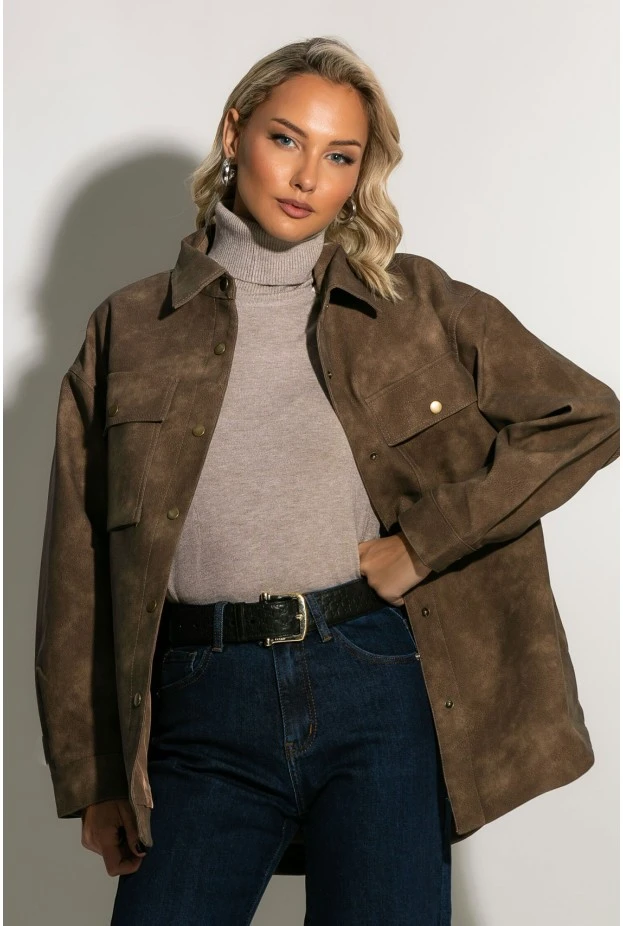 Oversized jacket δερματίνη με κουμπιά καφέ