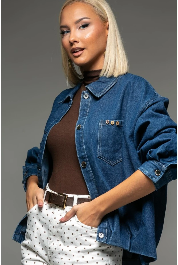 Jean jacket με διακοσμητικά κουμπιά στην τσέπη μπλε