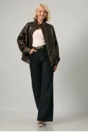 Leather jacket με ψηλό λαιμό και λάστιχο στη μέση καφέ
