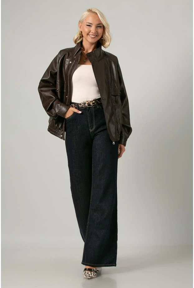 Leather jacket με ψηλό λαιμό και λάστιχο στη μέση καφέ
