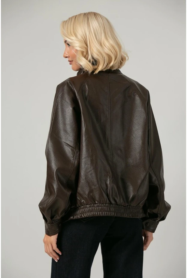 Leather jacket με ψηλό λαιμό και λάστιχο στη μέση καφέ