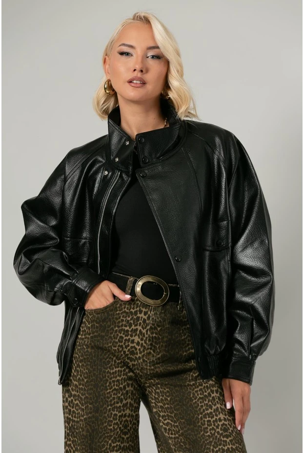 Leather jacket με ψηλό λαιμό και λάστιχο στη μέση μαύρο