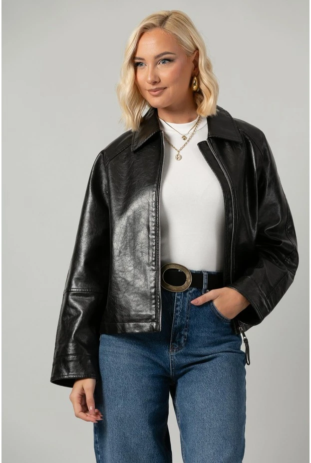 Leather jacket με vintage εφέ μαύρο