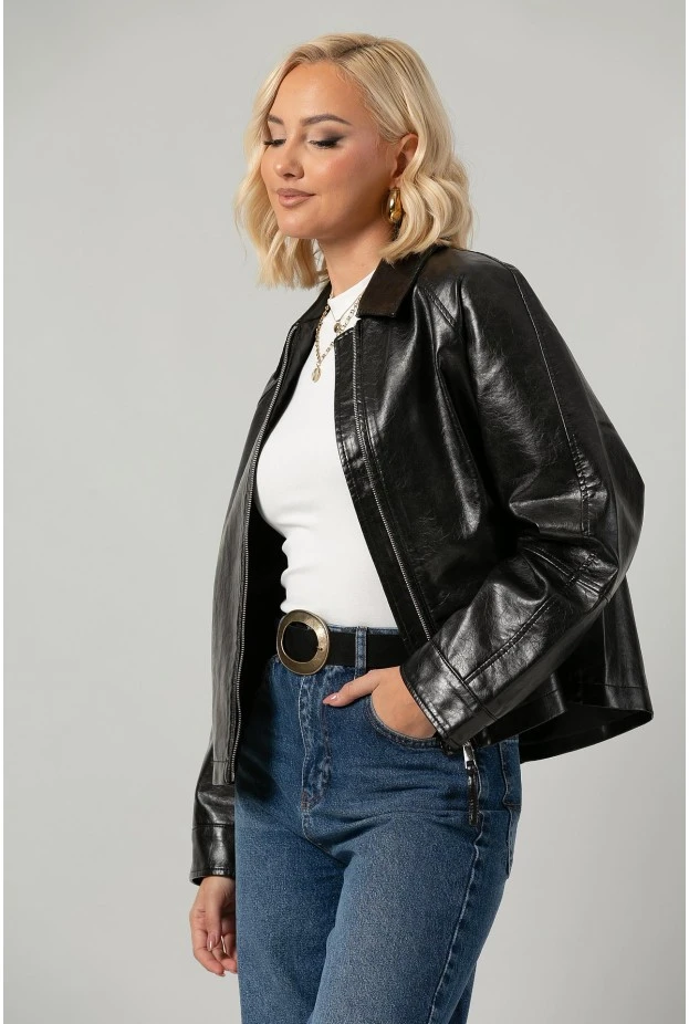 Leather jacket με vintage εφέ μαύρο