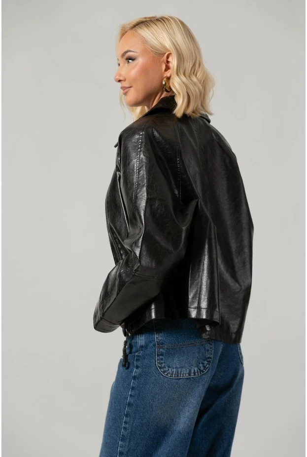 Leather jacket με vintage εφέ μαύρο