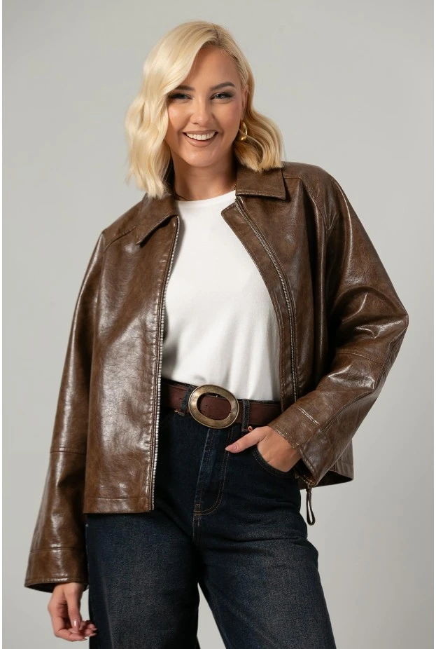 Leather jacket με vintage εφέ ταμπά