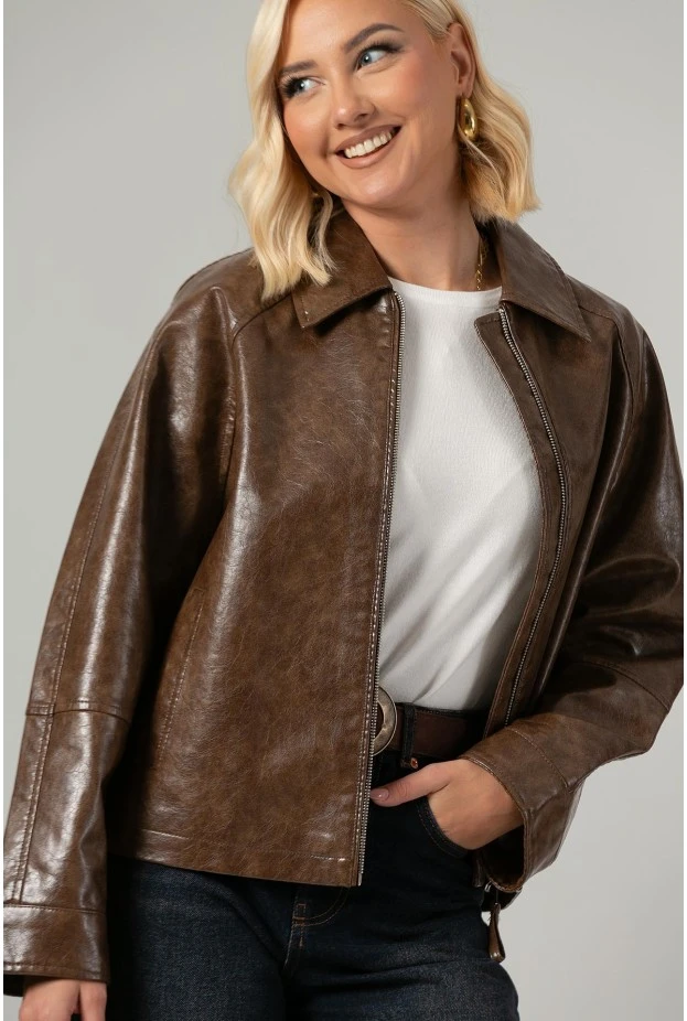 Leather jacket με vintage εφέ ταμπά