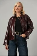 Leather jacket με vintage εφέ μπορντό