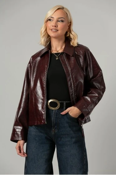 Leather jacket με vintage εφέ ταμπά