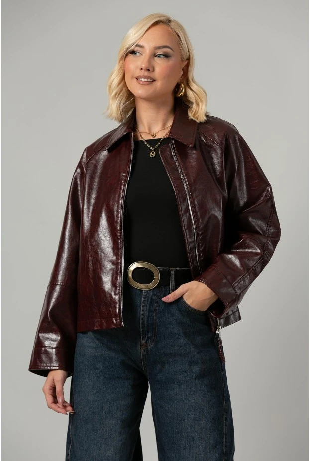 Leather jacket με vintage εφέ μπορντό