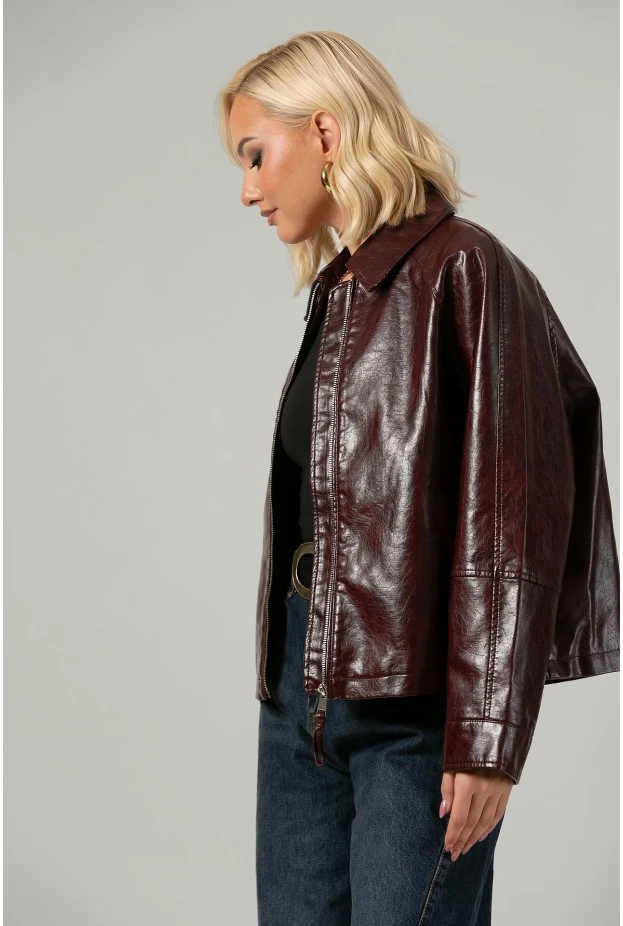 Leather jacket με vintage εφέ μπορντό