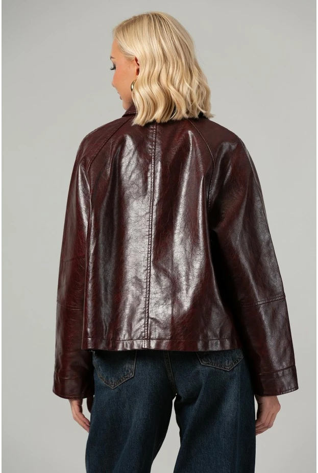 Leather jacket με vintage εφέ μπορντό