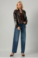 Leather jacket με vintage εφέ καφέ