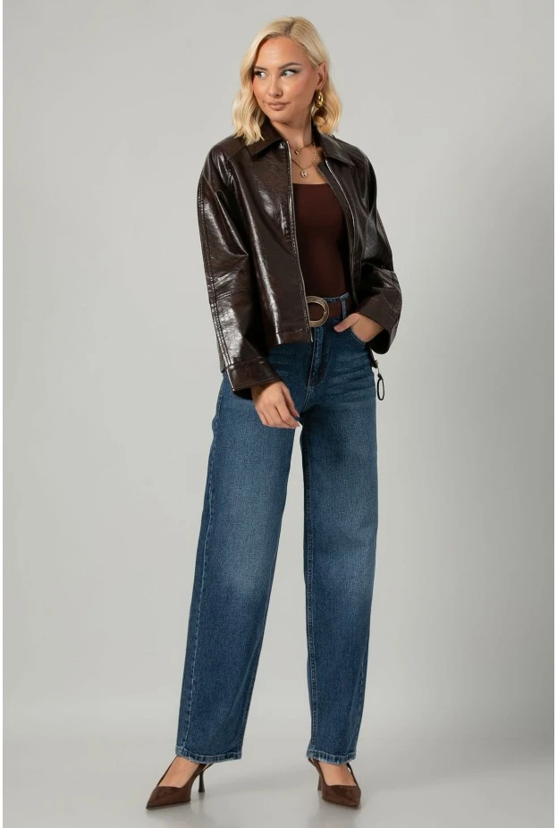 Leather jacket με vintage εφέ καφέ