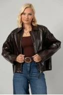Leather jacket με vintage εφέ καφέ