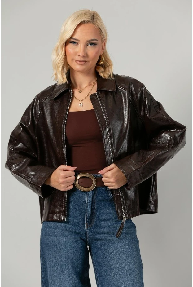 Leather jacket με vintage εφέ καφέ