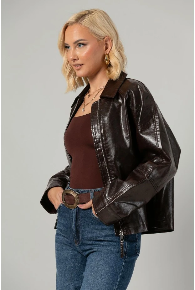 Leather jacket με vintage εφέ καφέ