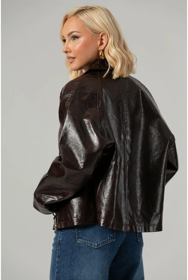 Leather jacket με vintage εφέ καφέ