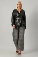 Leather jacket με ζώνη και balloon τελείωμα μαύρο