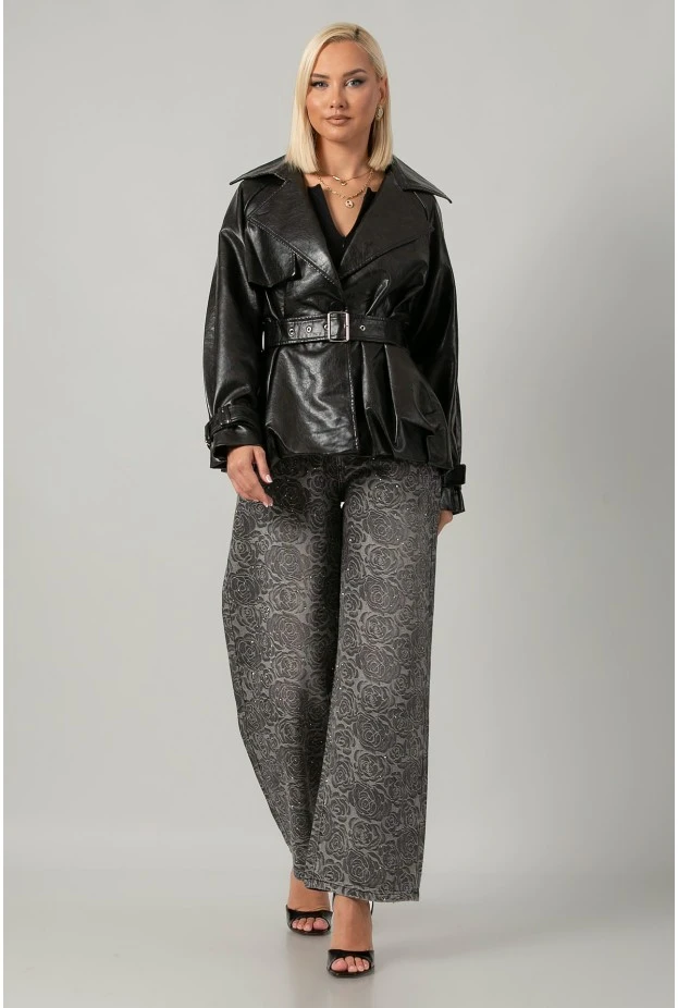 Leather jacket με ζώνη και balloon τελείωμα μαύρο