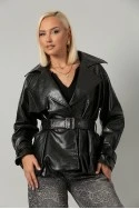 Leather jacket με ζώνη και balloon τελείωμα μαύρο