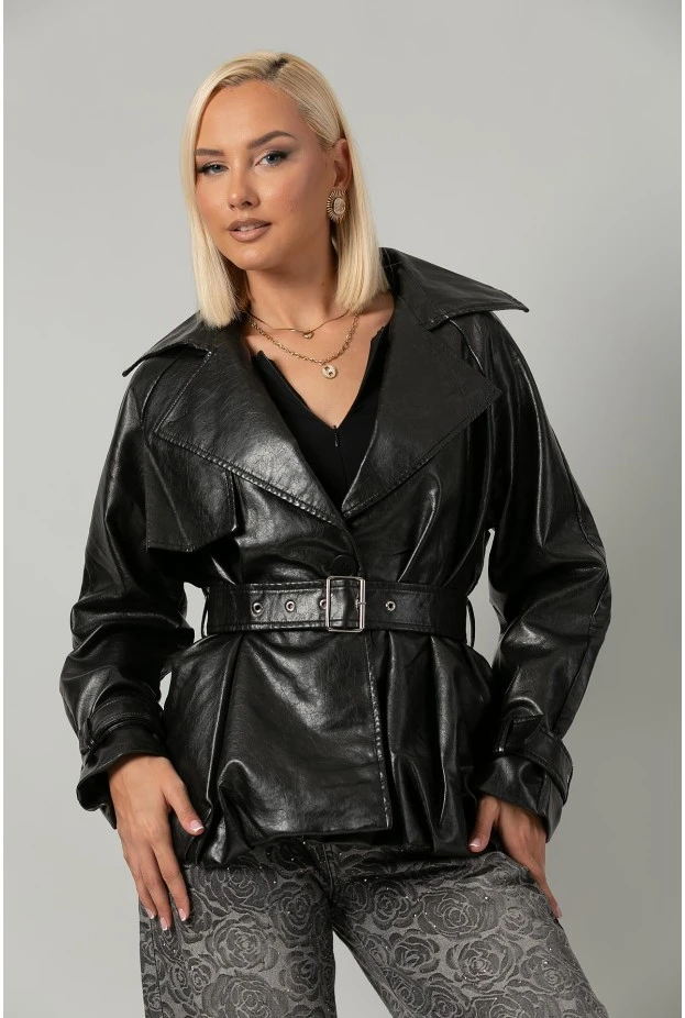 Leather jacket με ζώνη και balloon τελείωμα μαύρο
