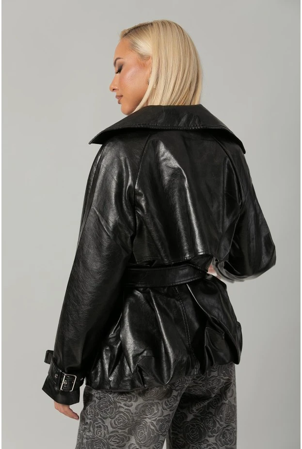 Leather jacket με ζώνη και balloon τελείωμα μαύρο