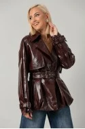 Leather jacket με ζώνη και balloon τελείωμα μπορντό