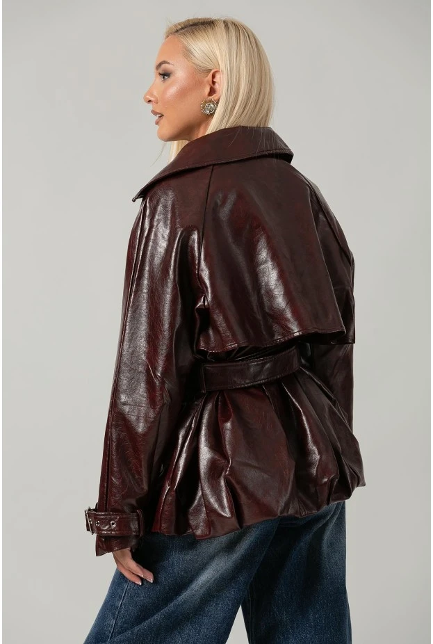 Leather jacket με ζώνη και balloon τελείωμα μπορντό