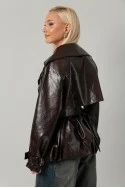 Leather jacket με ζώνη και balloon τελείωμα καφέ
