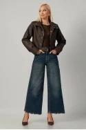 Leather jacket cropped ασύμμετρο με σούρες στα μανίκια καφέ