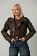 Leather jacket cropped ασύμμετρο με σούρες στα μανίκια καφέ