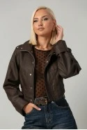 Leather jacket cropped ασύμμετρο με σούρες στα μανίκια καφέ