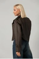 Leather jacket cropped ασύμμετρο με σούρες στα μανίκια καφέ